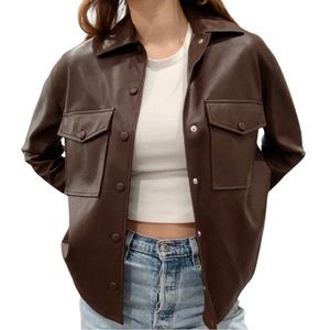 Samsoe Samsoe Faux Leather Shereen Oversized Brown Button-up Jacket Shacket XXS